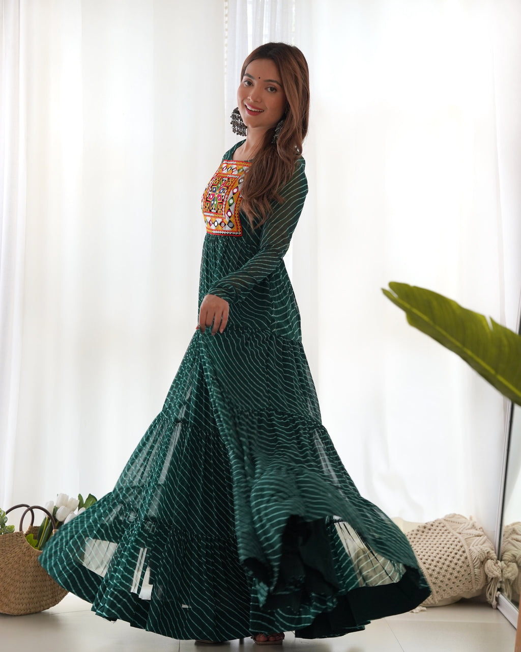 Lorenvalley Women Pure Soft Faux Georgette Leheriya Print Anarkali Gown - Green | Grocsy