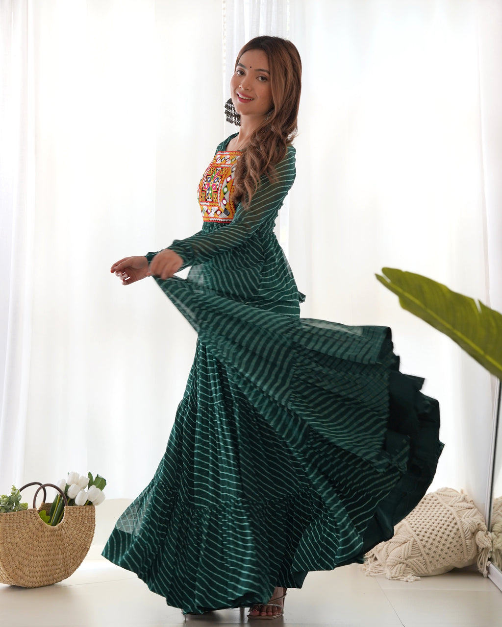 Lorenvalley Women Pure Soft Faux Georgette Leheriya Print Anarkali Gown - Green | Grocsy