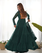 Lorenvalley Women Pure Soft Faux Georgette Leheriya Print Anarkali Gown - Green | Grocsy