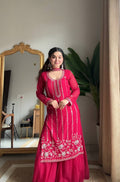 Evanik Ranipink Georgette With Embroidered Sequence Work Plazzo Suit | Grocsy