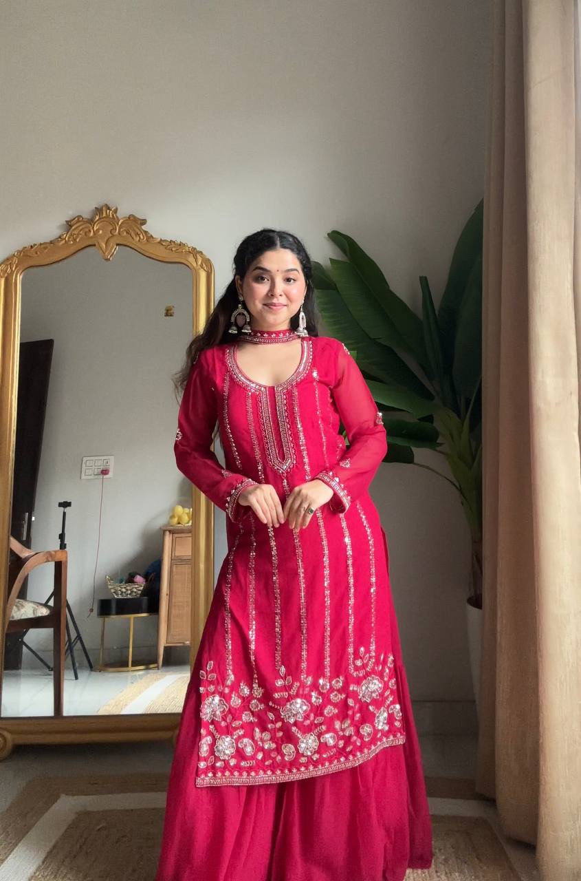 Evanik Ranipink Georgette With Embroidered Sequence Work Plazzo Suit | Grocsy