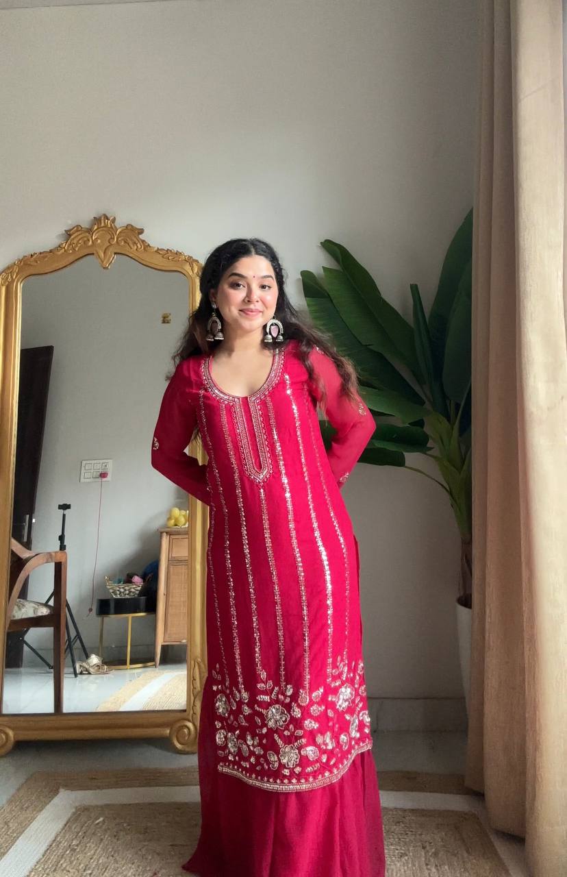Evanik Ranipink Georgette With Embroidered Sequence Work Plazzo Suit | Grocsy