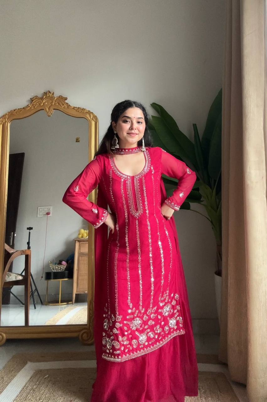 Evanik Ranipink Georgette With Embroidered Sequence Work Plazzo Suit | Grocsy