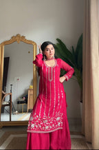 Evanik Ranipink Georgette With Embroidered Sequence Work Plazzo Suit | Grocsy