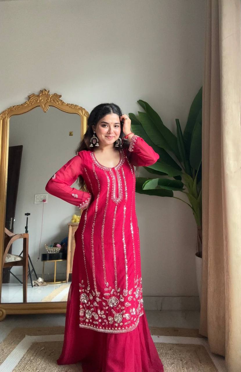 Evanik Ranipink Georgette With Embroidered Sequence Work Plazzo Suit | Grocsy