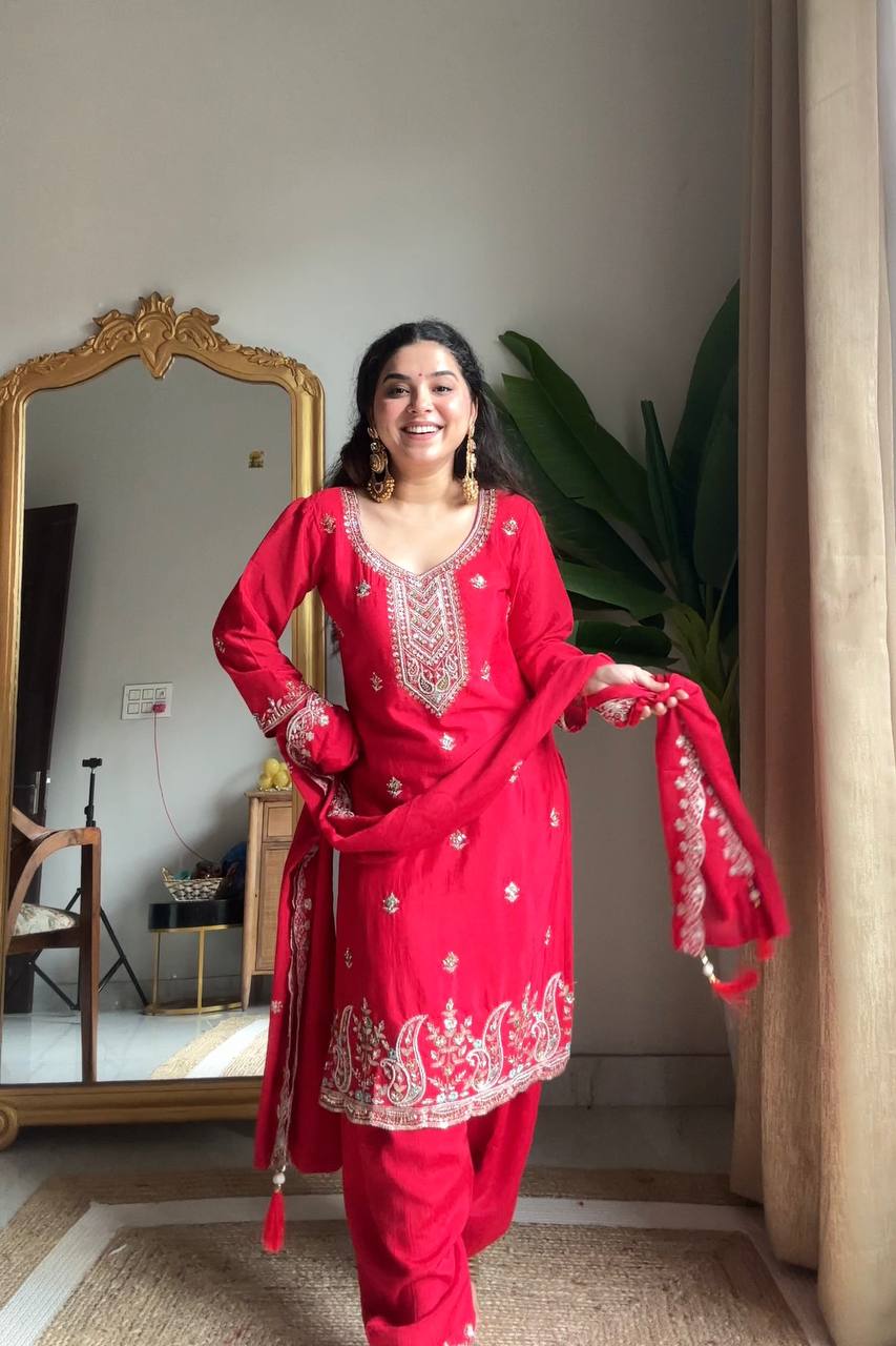 Evanik Designer Red Chinon With Beads Embroidered Work Kurta Set | Grocsy