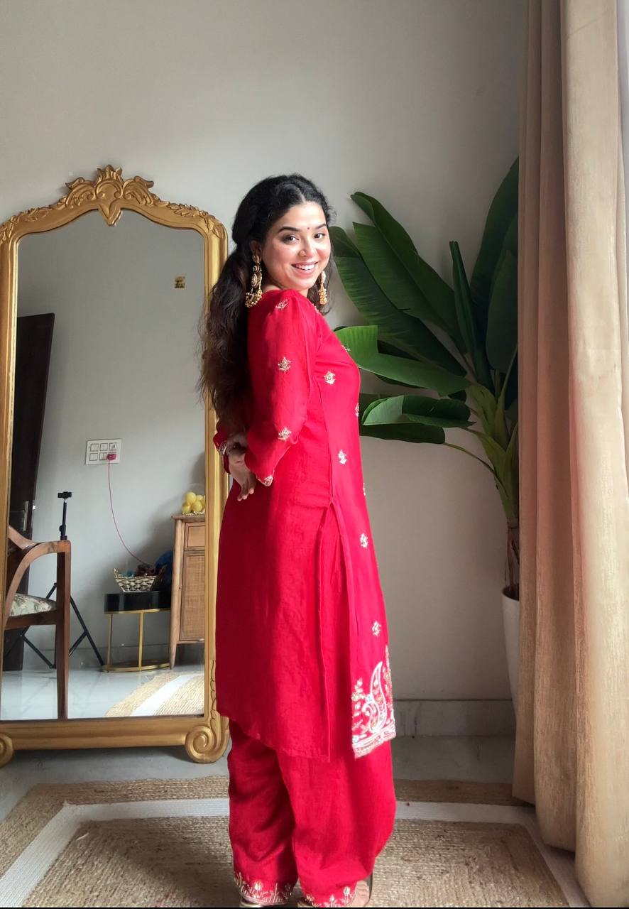 Evanik Designer Red Chinon With Beads Embroidered Work Kurta Set | Grocsy