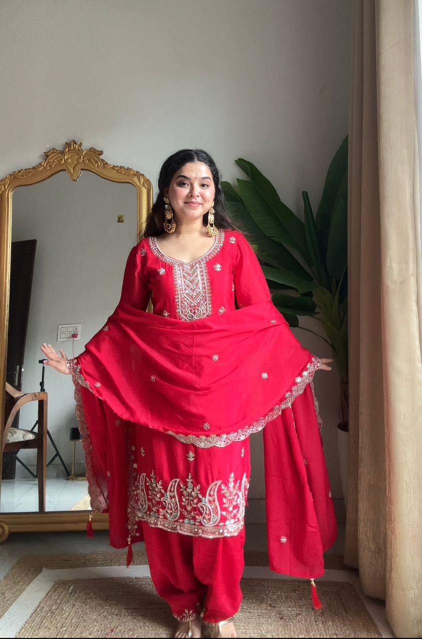 Evanik Designer Red Chinon With Beads Embroidered Work Kurta Set | Grocsy