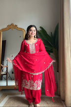 Evanik Designer Red Chinon With Beads Embroidered Work Kurta Set | Grocsy