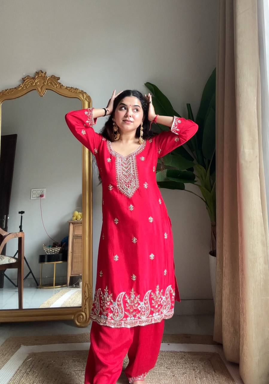 Evanik Designer Red Chinon With Beads Embroidered Work Kurta Set | Grocsy