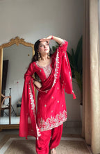 Evanik Designer Red Chinon With Beads Embroidered Work Kurta Set | Grocsy