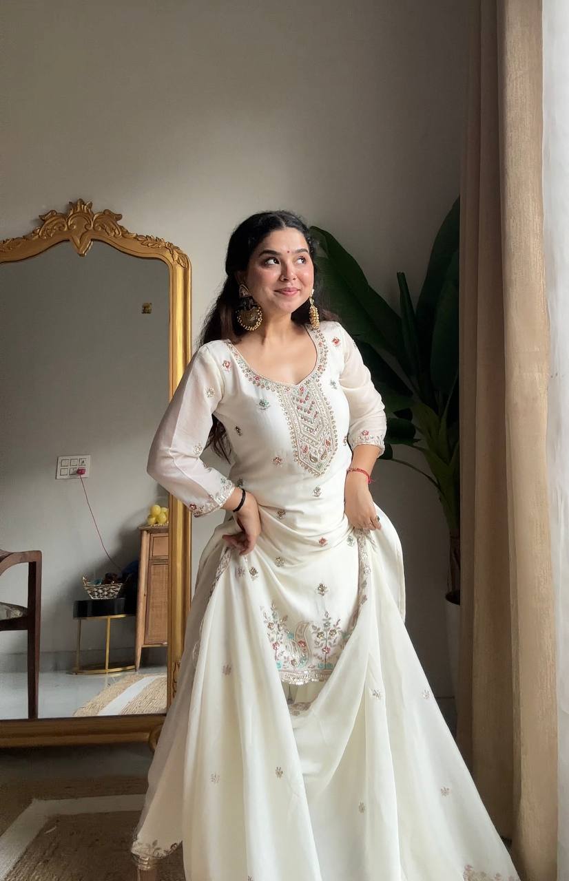 Evanik Designer White Chinon With Beads Embroidered Work Kurta Set | Grocsy