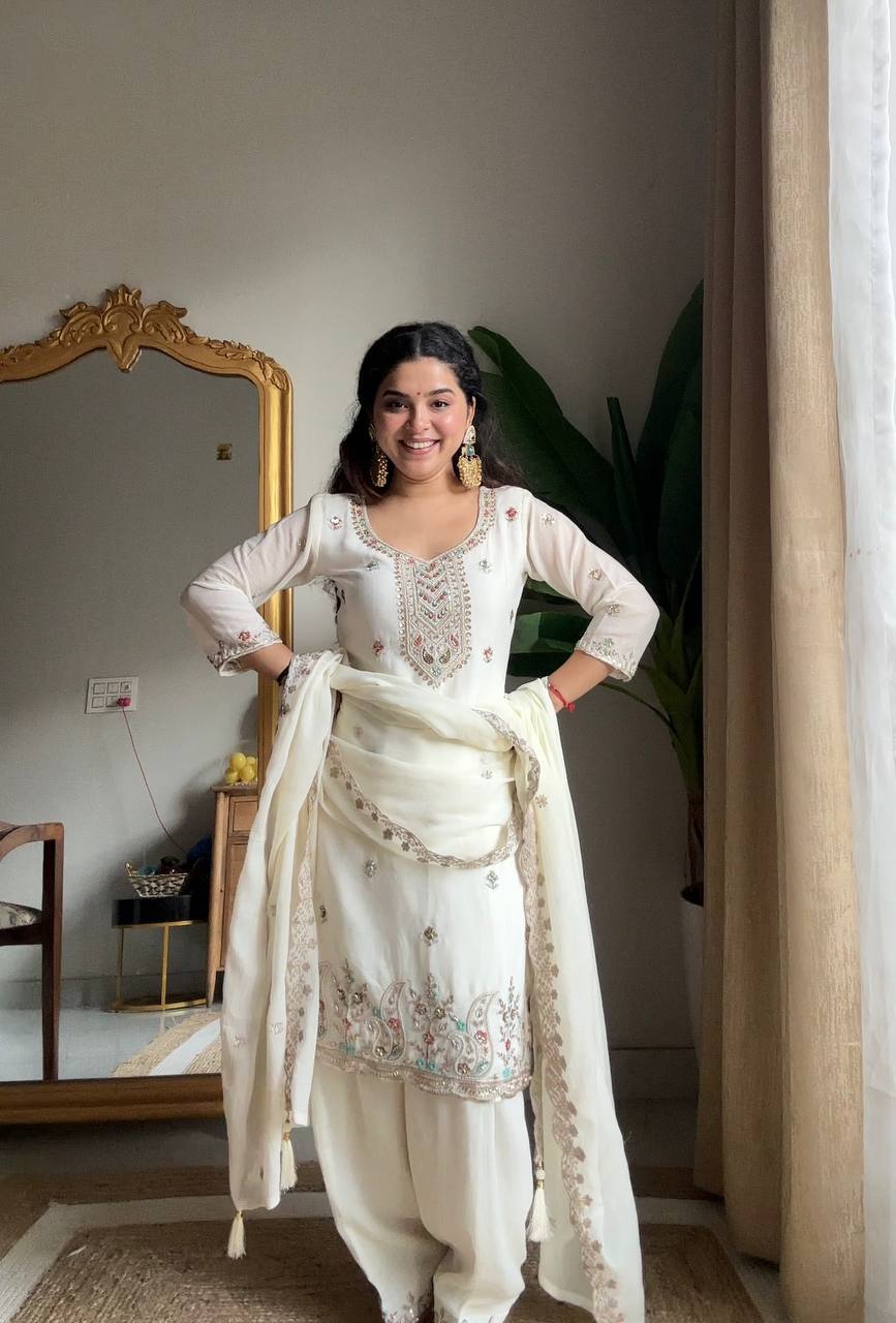 Evanik Designer White Chinon With Beads Embroidered Work Kurta Set | Grocsy