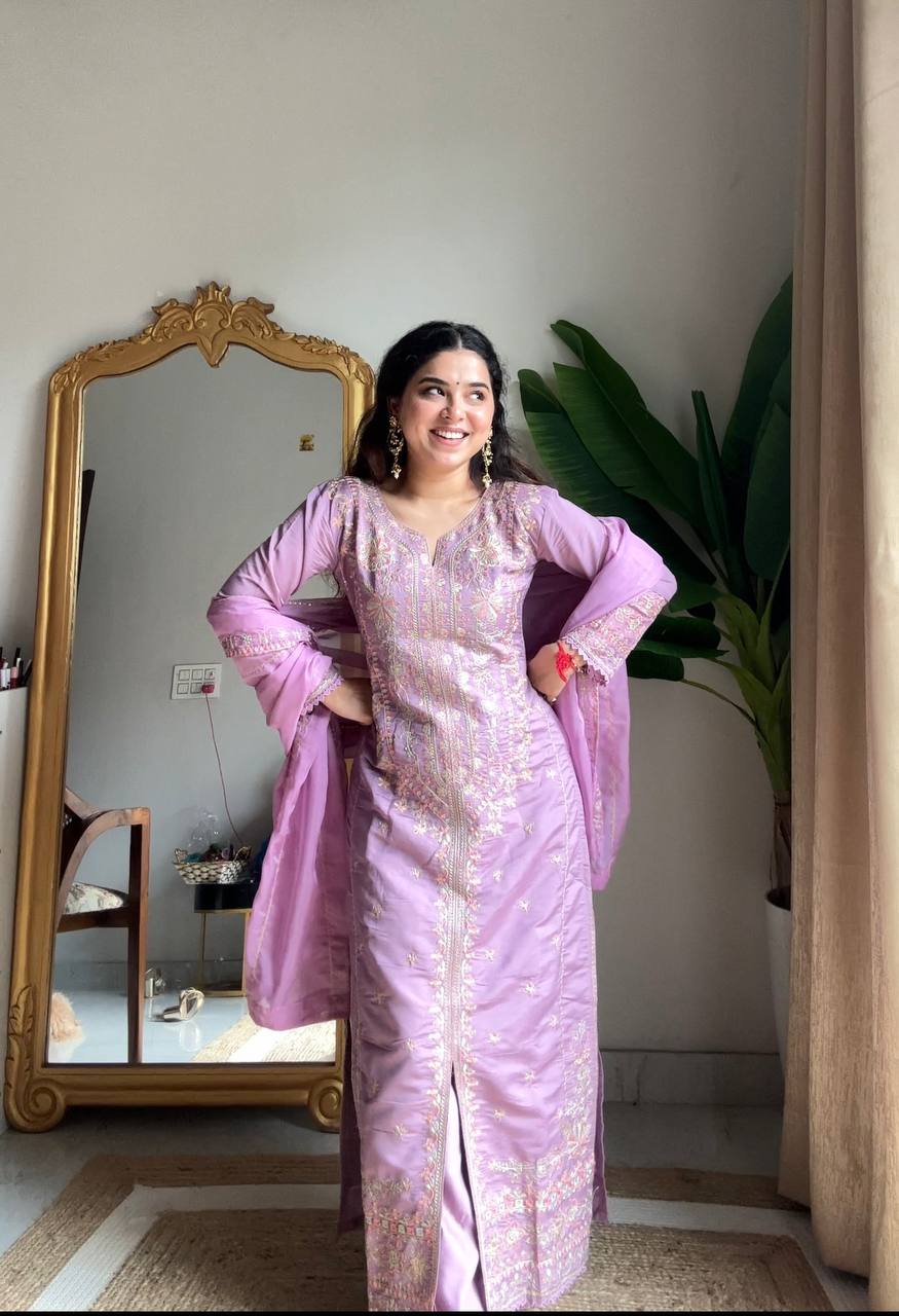 Evanik Lavender Roman silk Embroidered Sequence Work Party Wear Plazzo Suit | Grocsy