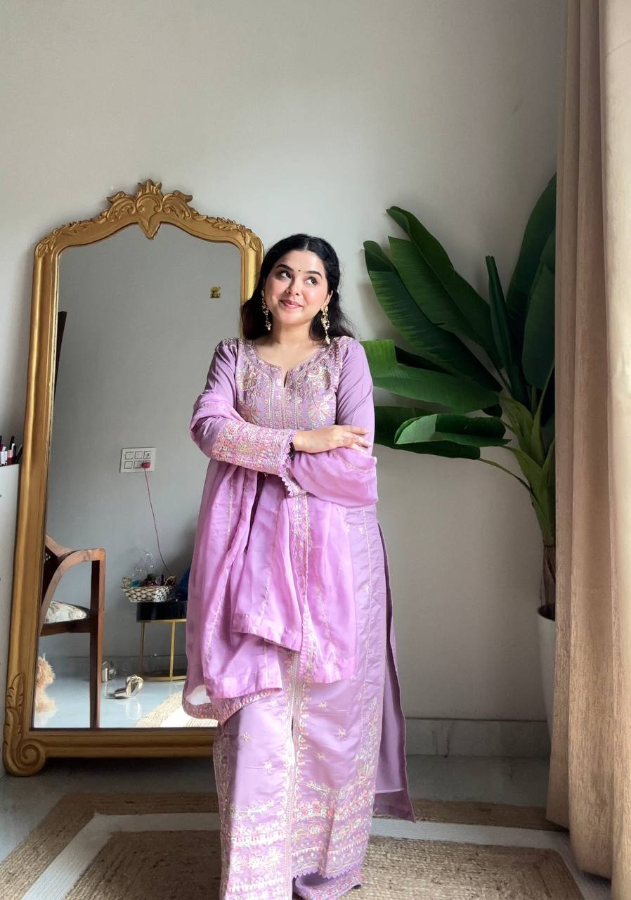 Evanik Lavender Roman silk Embroidered Sequence Work Party Wear Plazzo Suit | Grocsy