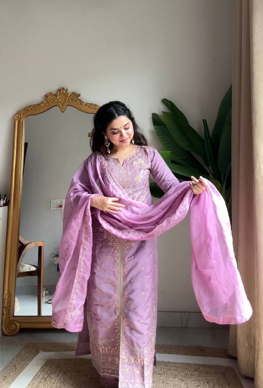 Evanik Lavender Roman silk Embroidered Sequence Work Party Wear Plazzo Suit | Grocsy