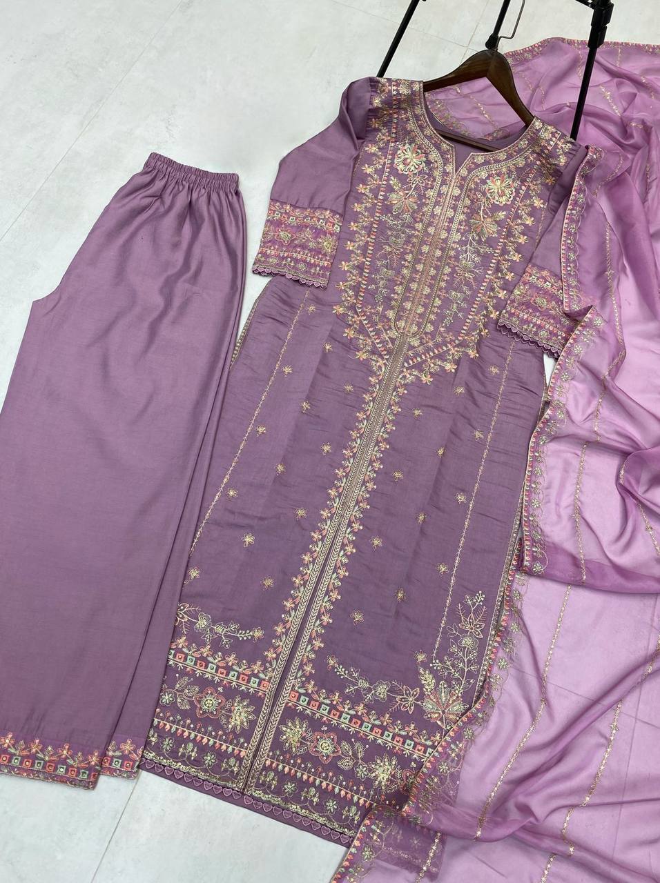Evanik Lavender Roman silk Embroidered Sequence Work Party Wear Plazzo Suit | Grocsy