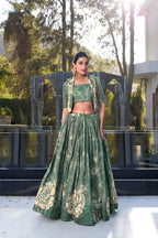 Evanik Women Tussar Silk With Floral Print Lehenga Blouse With Koti - Green | Grocsy
