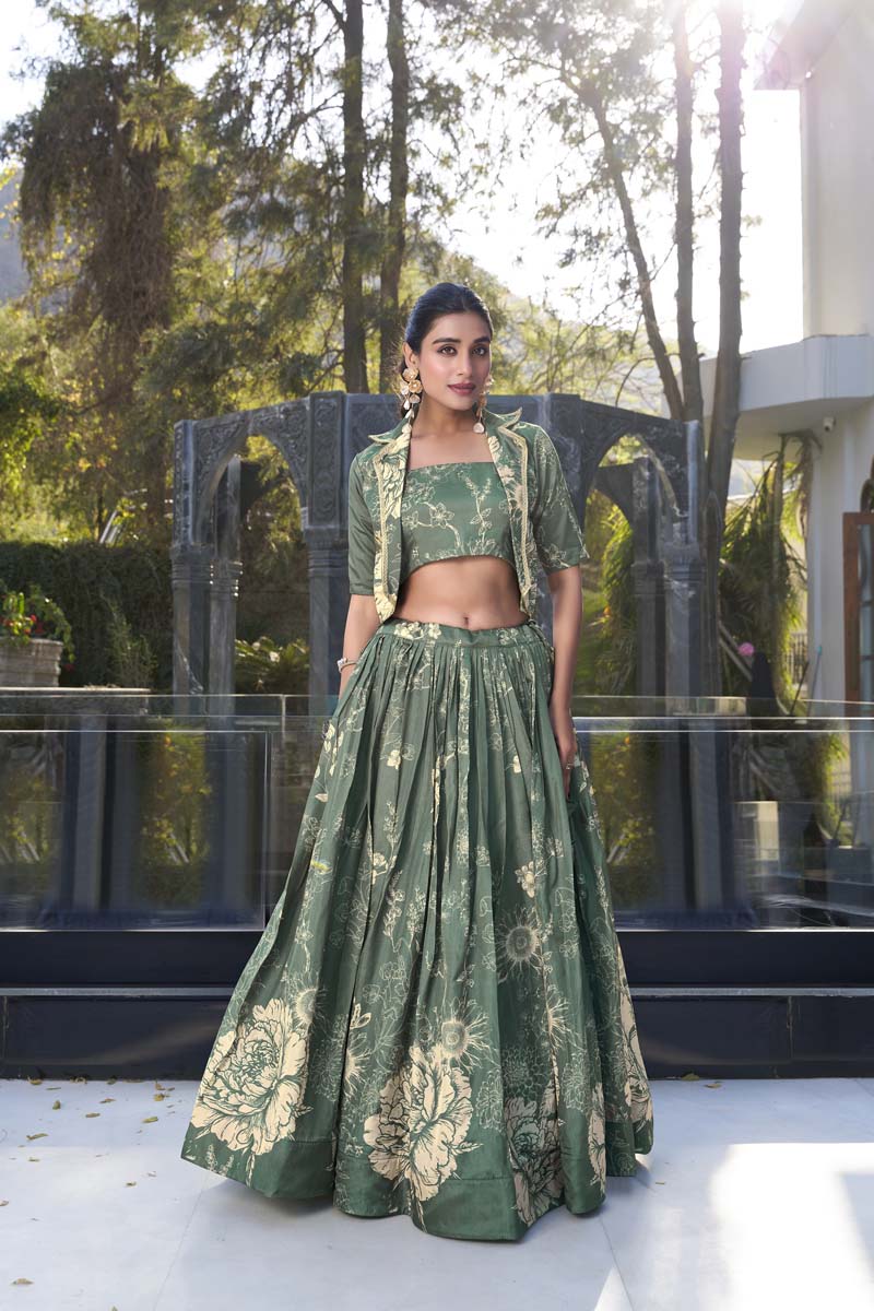 Evanik Women Tussar Silk With Floral Print Lehenga Blouse With Koti - Green | Grocsy
