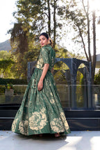 Evanik Women Tussar Silk With Floral Print Lehenga Blouse With Koti - Green | Grocsy