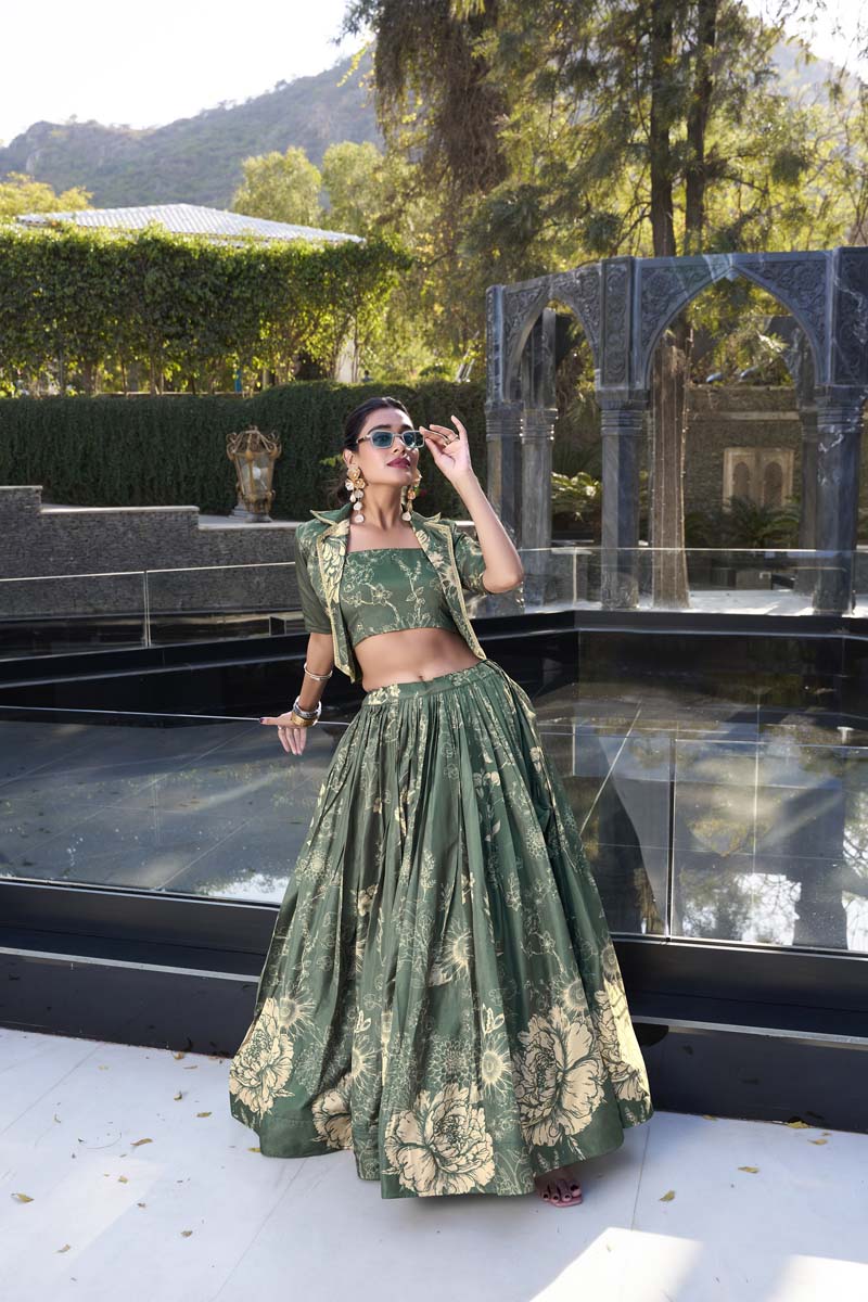 Evanik Women Tussar Silk With Floral Print Lehenga Blouse With Koti - Green | Grocsy