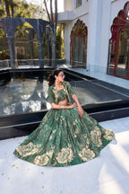 Evanik Women Tussar Silk With Floral Print Lehenga Blouse With Koti - Green | Grocsy