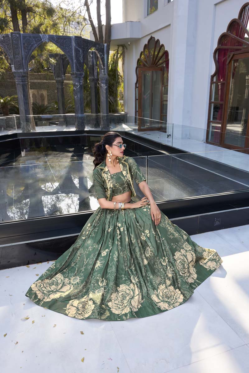 Evanik Women Tussar Silk With Floral Print Lehenga Blouse With Koti - Green | Grocsy