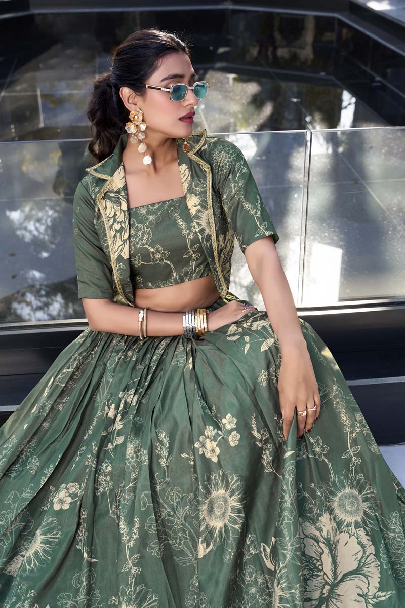 Evanik Women Tussar Silk With Floral Print Lehenga Blouse With Koti - Green | Grocsy