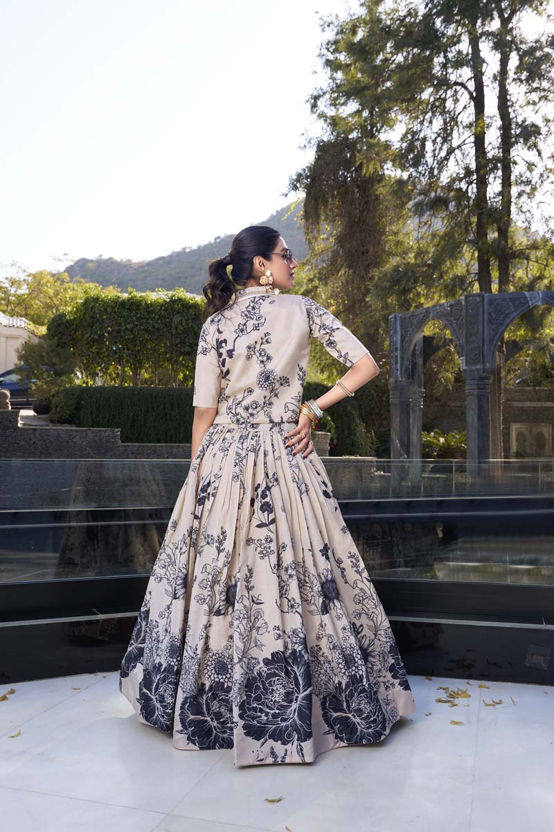 Evanik Women Tussar Silk With Floral Print Lehenga Blouse With Koti - Cream | Grocsy