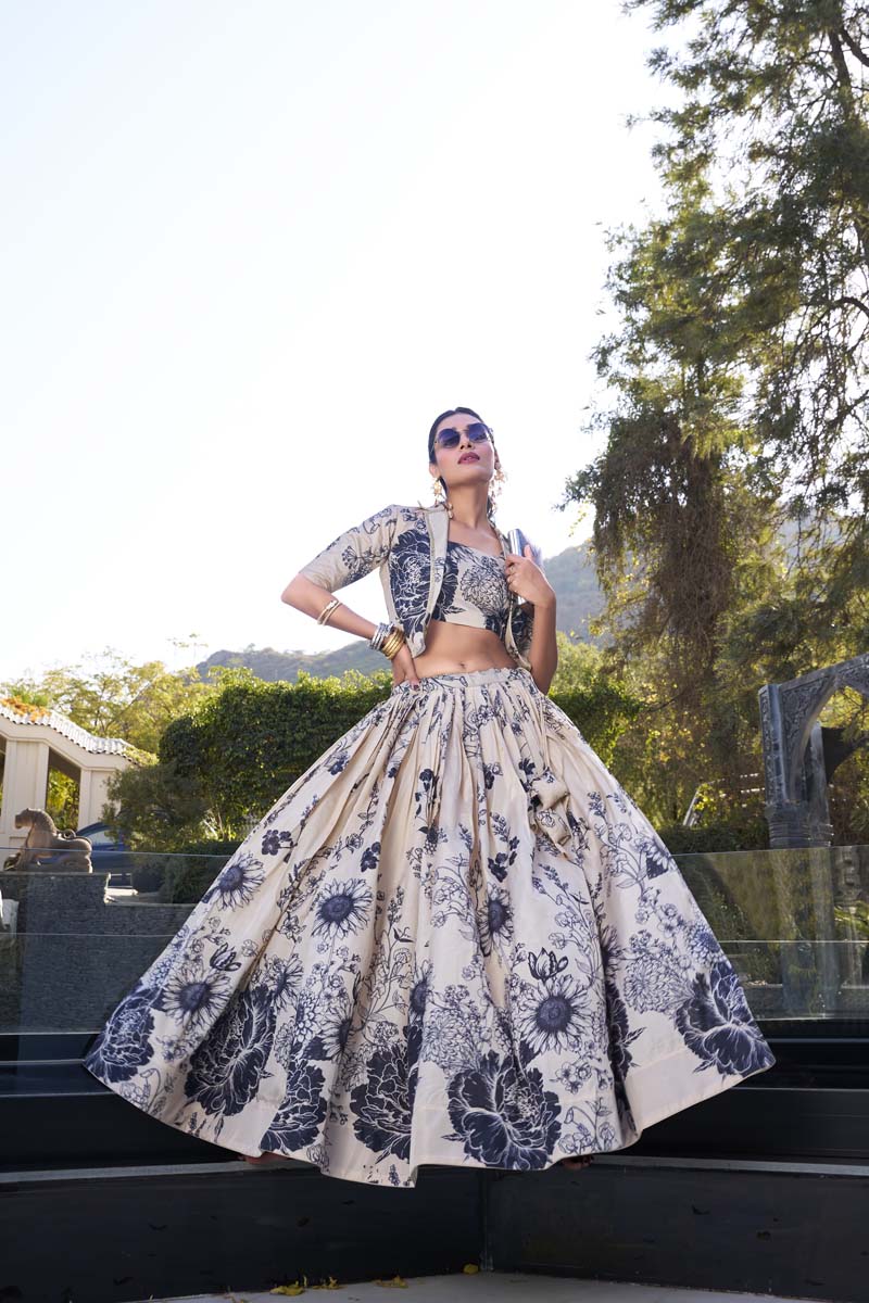 Evanik Women Tussar Silk With Floral Print Lehenga Blouse With Koti - Cream | Grocsy