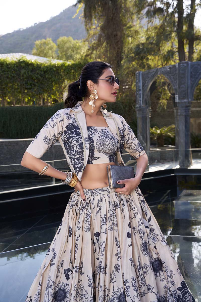 Evanik Women Tussar Silk With Floral Print Lehenga Blouse With Koti - Cream | Grocsy