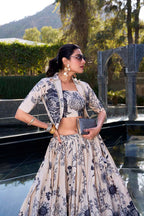 Evanik Women Tussar Silk With Floral Print Lehenga Blouse With Koti - Cream | Grocsy
