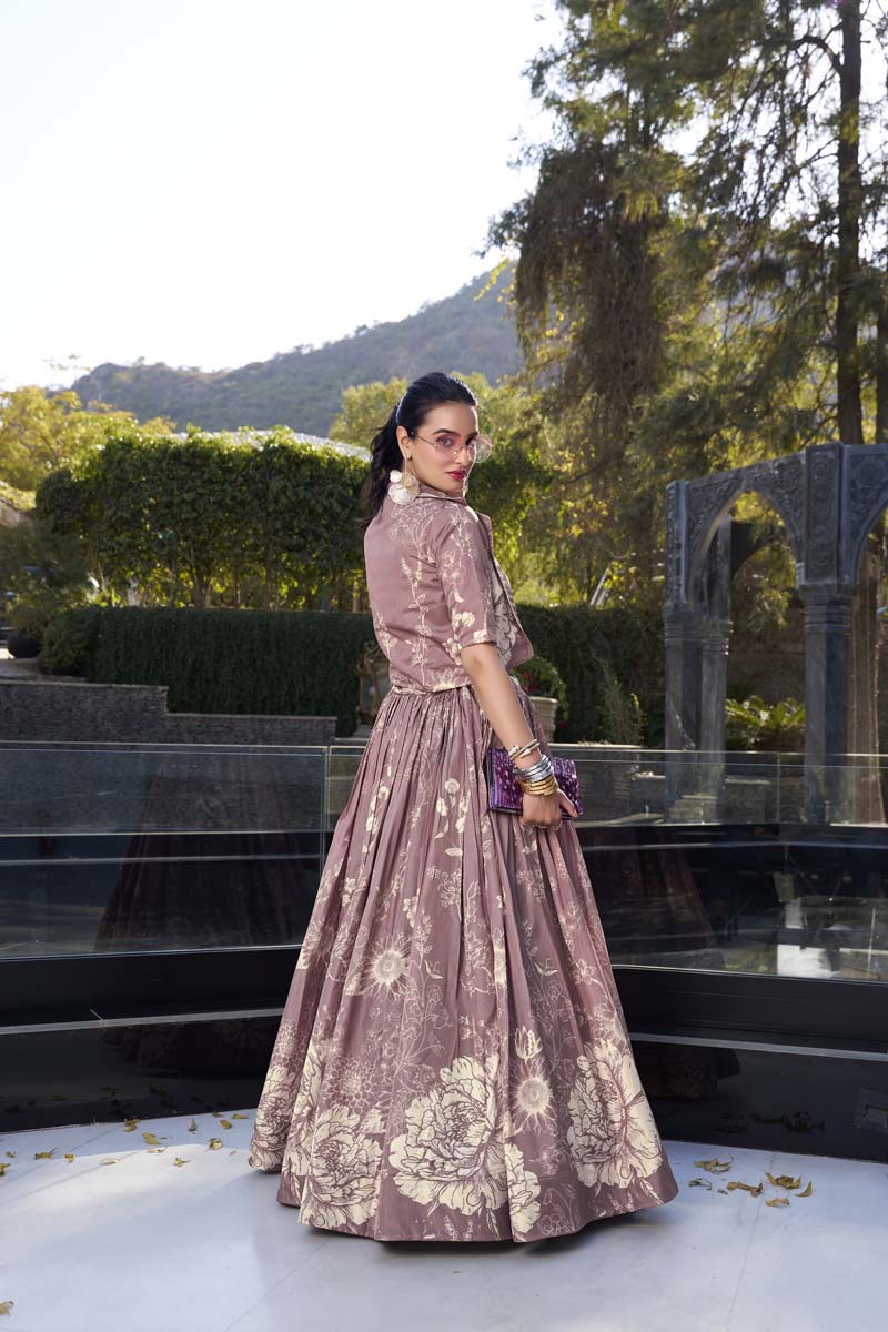 Evanik Women Tussar Silk With Floral Print Lehenga Blouse With Koti - onionpink | Grocsy