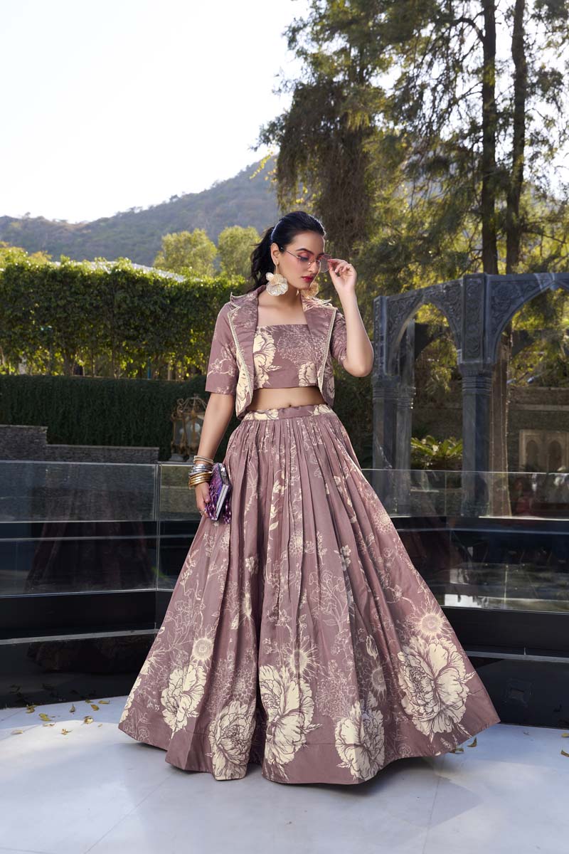 Evanik Women Tussar Silk With Floral Print Lehenga Blouse With Koti - onionpink | Grocsy