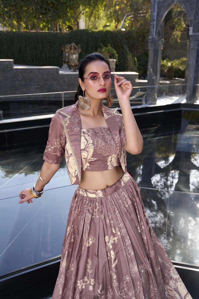Evanik Women Tussar Silk With Floral Print Lehenga Blouse With Koti - onionpink | Grocsy