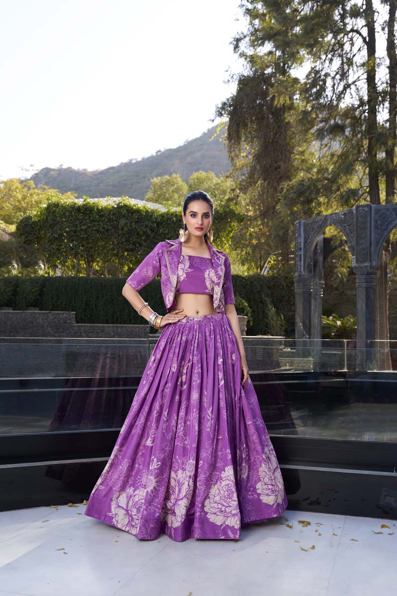 Evanik Women Tussar Silk With Floral Print Lehenga Blouse With Koti - Purple | Grocsy