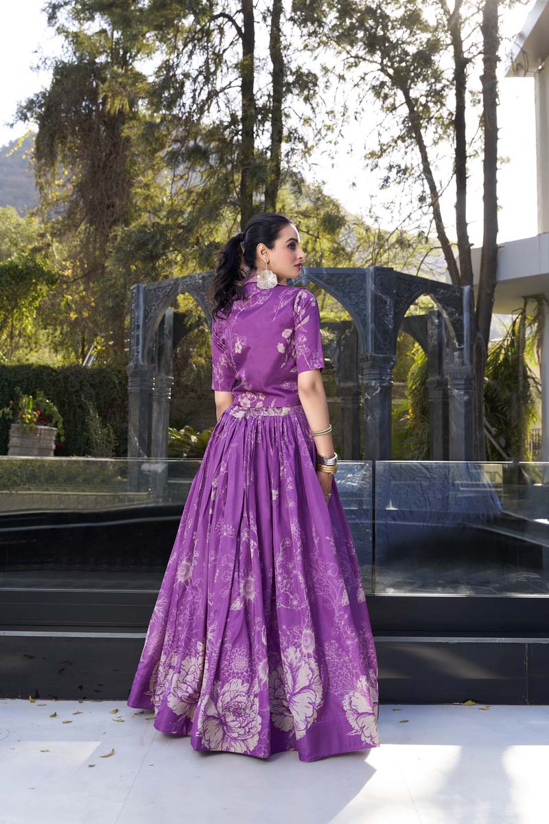 Evanik Women Tussar Silk With Floral Print Lehenga Blouse With Koti - Purple | Grocsy