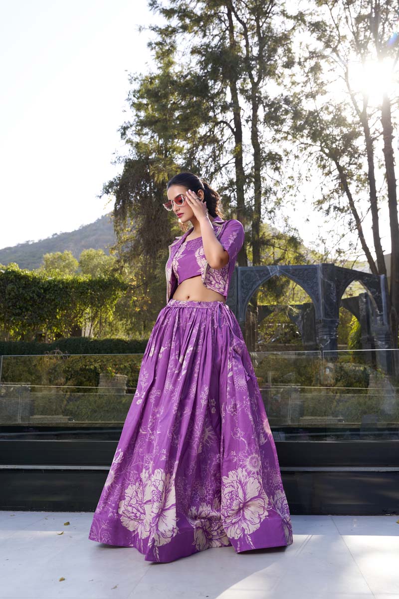 Evanik Women Tussar Silk With Floral Print Lehenga Blouse With Koti - Purple | Grocsy