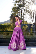 Evanik Women Tussar Silk With Floral Print Lehenga Blouse With Koti - Purple | Grocsy