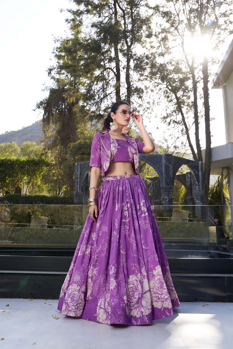 Evanik Women Tussar Silk With Floral Print Lehenga Blouse With Koti - Purple | Grocsy