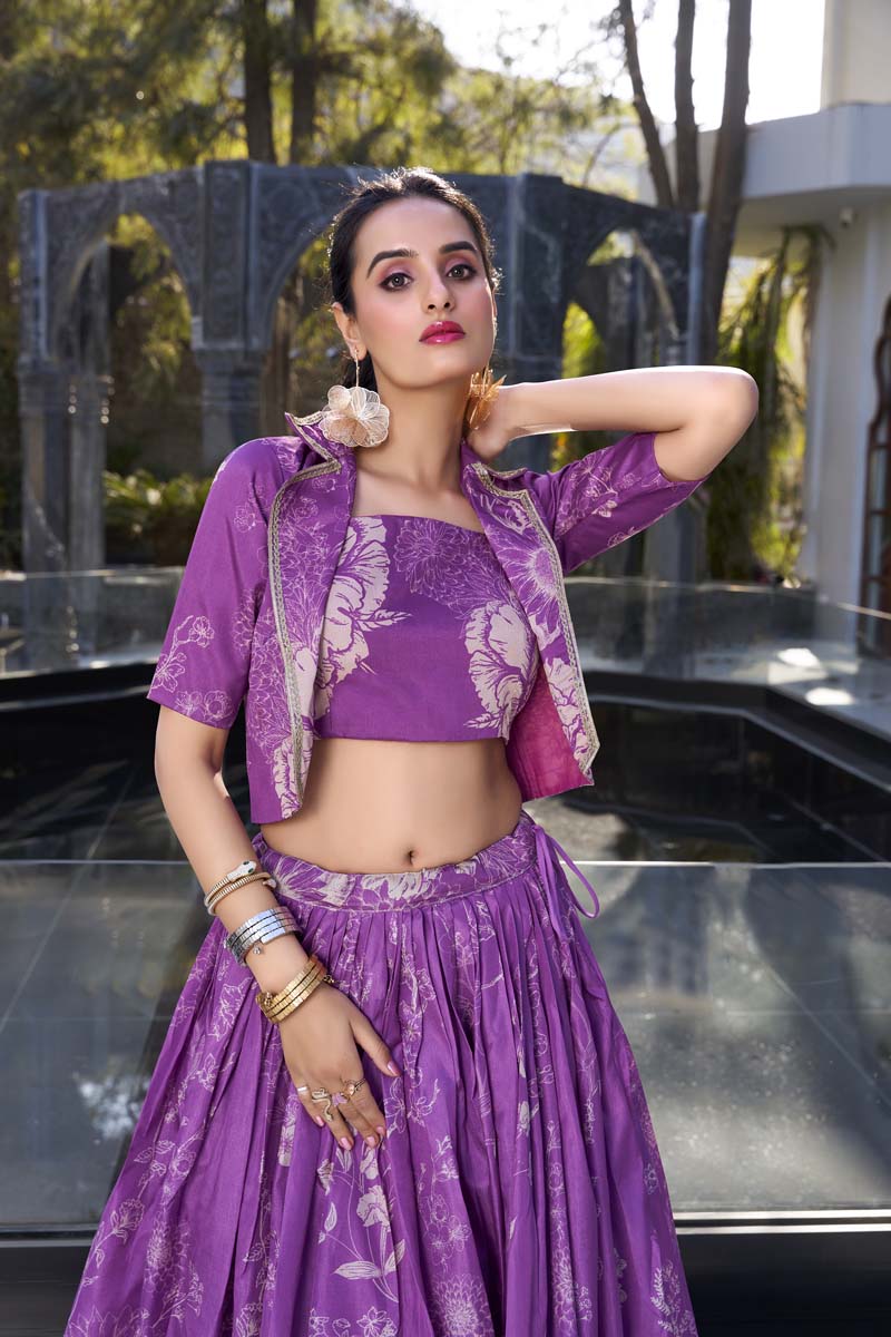 Evanik Women Tussar Silk With Floral Print Lehenga Blouse With Koti - Purple | Grocsy