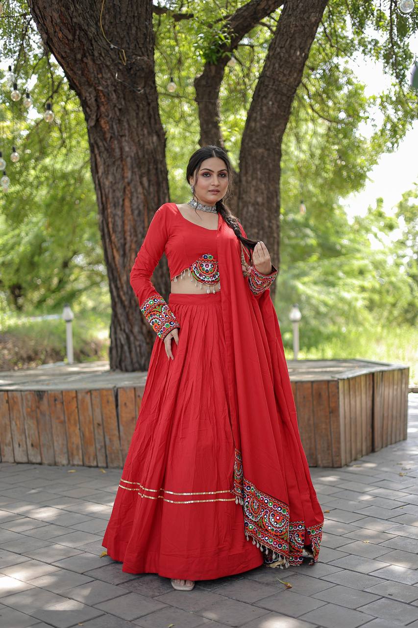 Lorenvalley Red Rayon with Real Mirror Embroidered Kutchi Thread work with codi Lehenga Choli | Grocsy