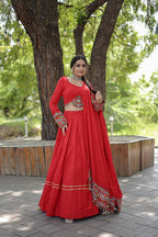 Lorenvalley Red Rayon with Real Mirror Embroidered Kutchi Thread work with codi Lehenga Choli | Grocsy