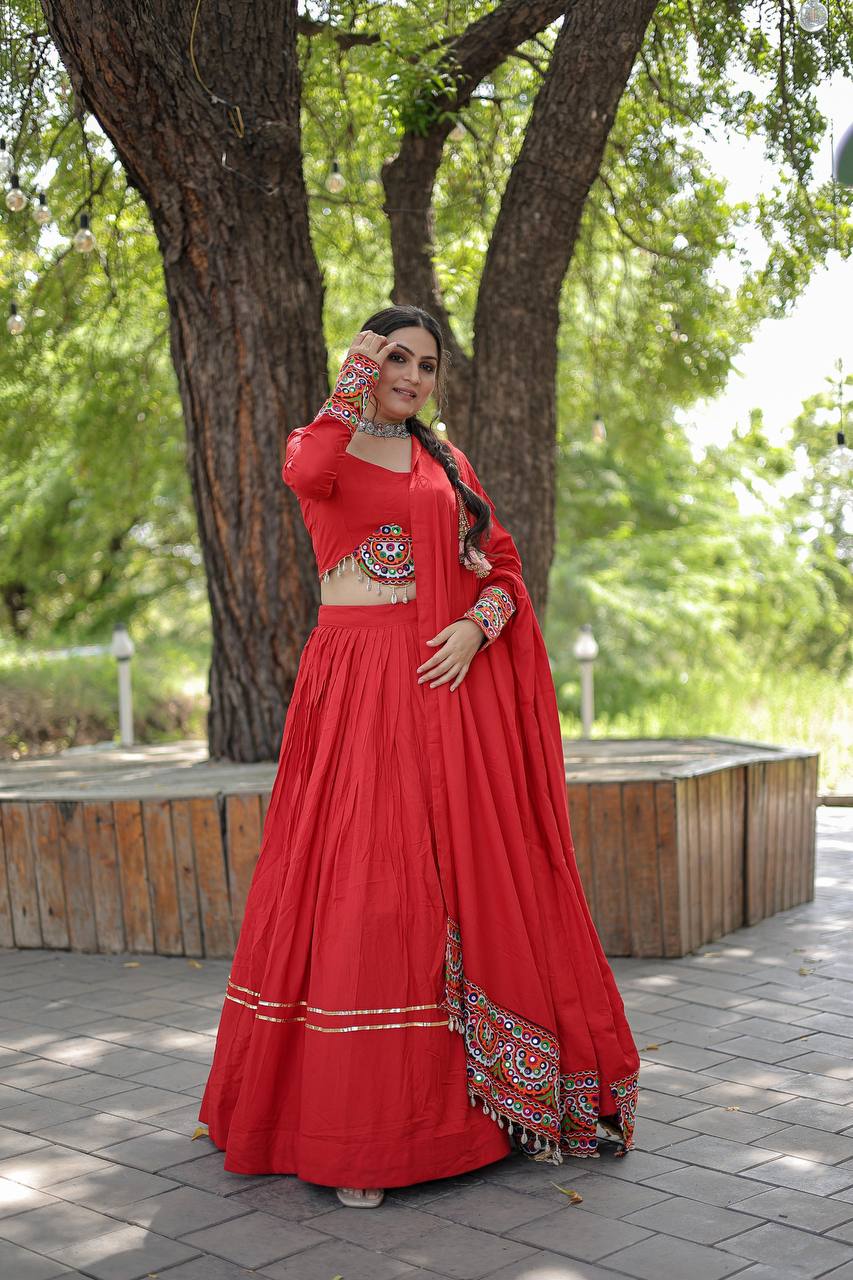 Lorenvalley Red Rayon with Real Mirror Embroidered Kutchi Thread work with codi Lehenga Choli | Grocsy