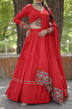 Lorenvalley Red Rayon with Real Mirror Embroidered Kutchi Thread work with codi Lehenga Choli | Grocsy