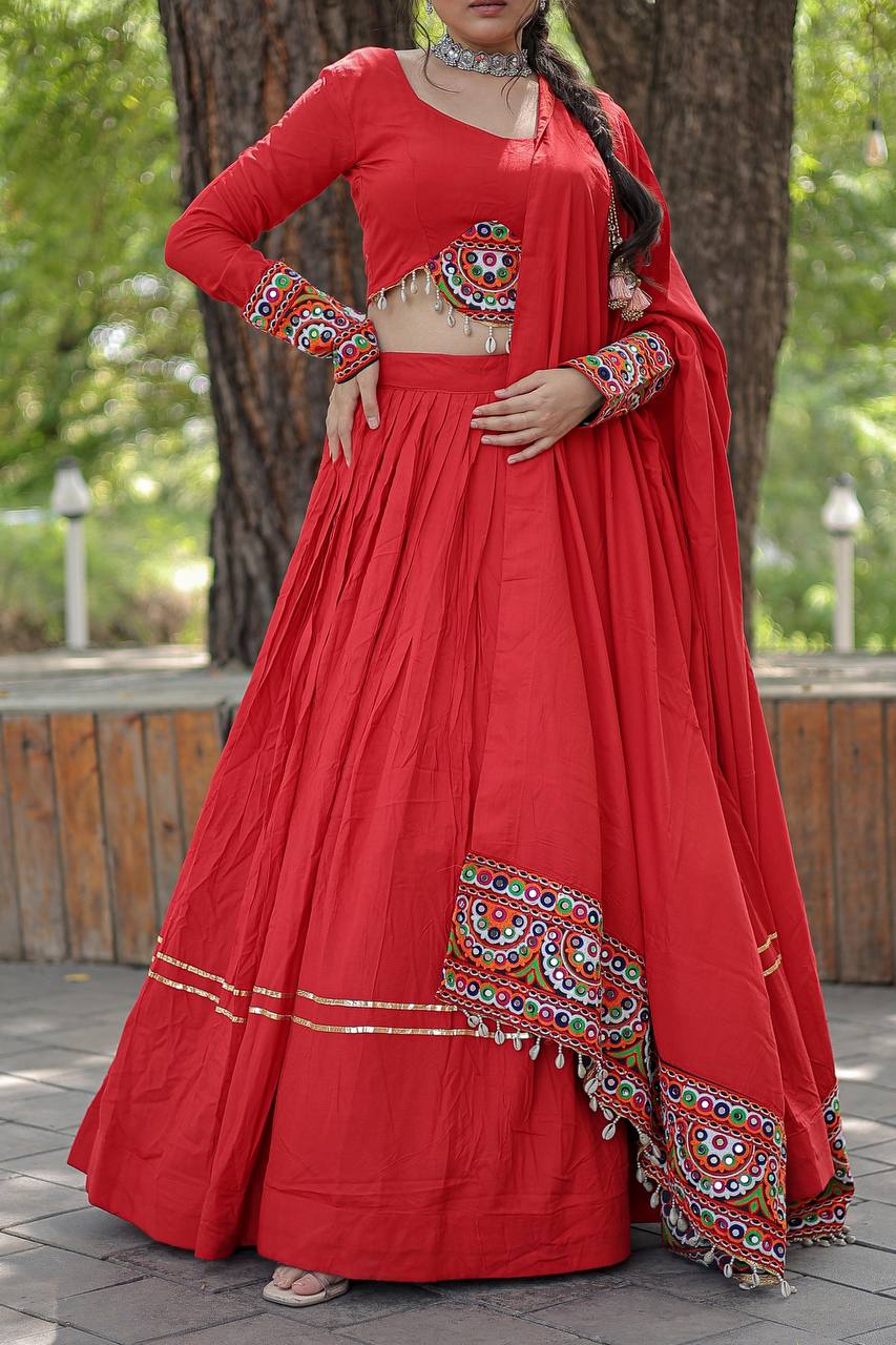 Lorenvalley Red Rayon with Real Mirror Embroidered Kutchi Thread work with codi Lehenga Choli | Grocsy
