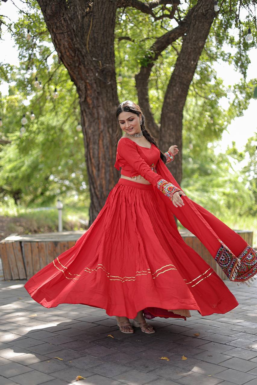 Lorenvalley Red Rayon with Real Mirror Embroidered Kutchi Thread work with codi Lehenga Choli | Grocsy