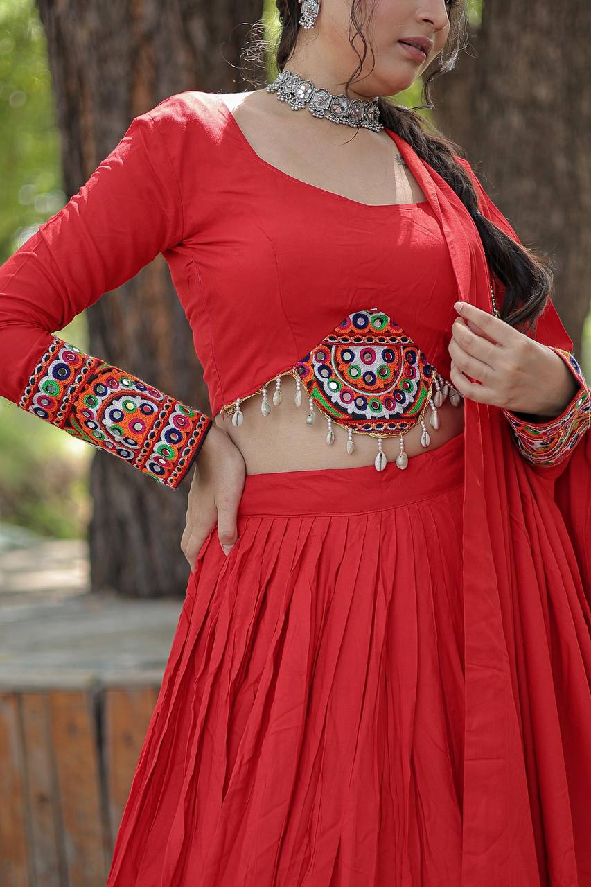 Lorenvalley Red Rayon with Real Mirror Embroidered Kutchi Thread work with codi Lehenga Choli | Grocsy