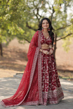 Lorenvalley Maroon Pure Viscose Jacquard with Embroidered Sequins work Lehenga Choli | Grocsy
