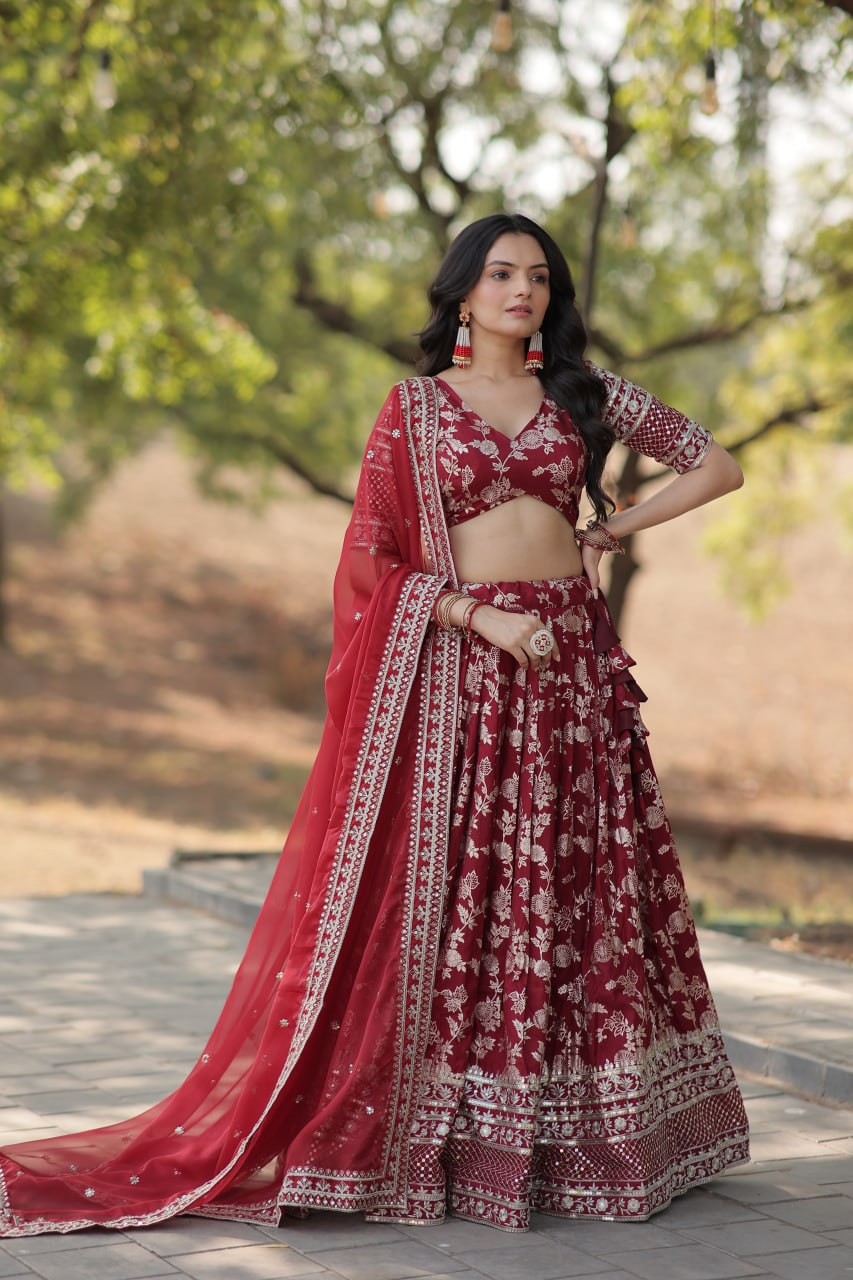 Lorenvalley Maroon Pure Viscose Jacquard with Embroidered Sequins work Lehenga Choli | Grocsy